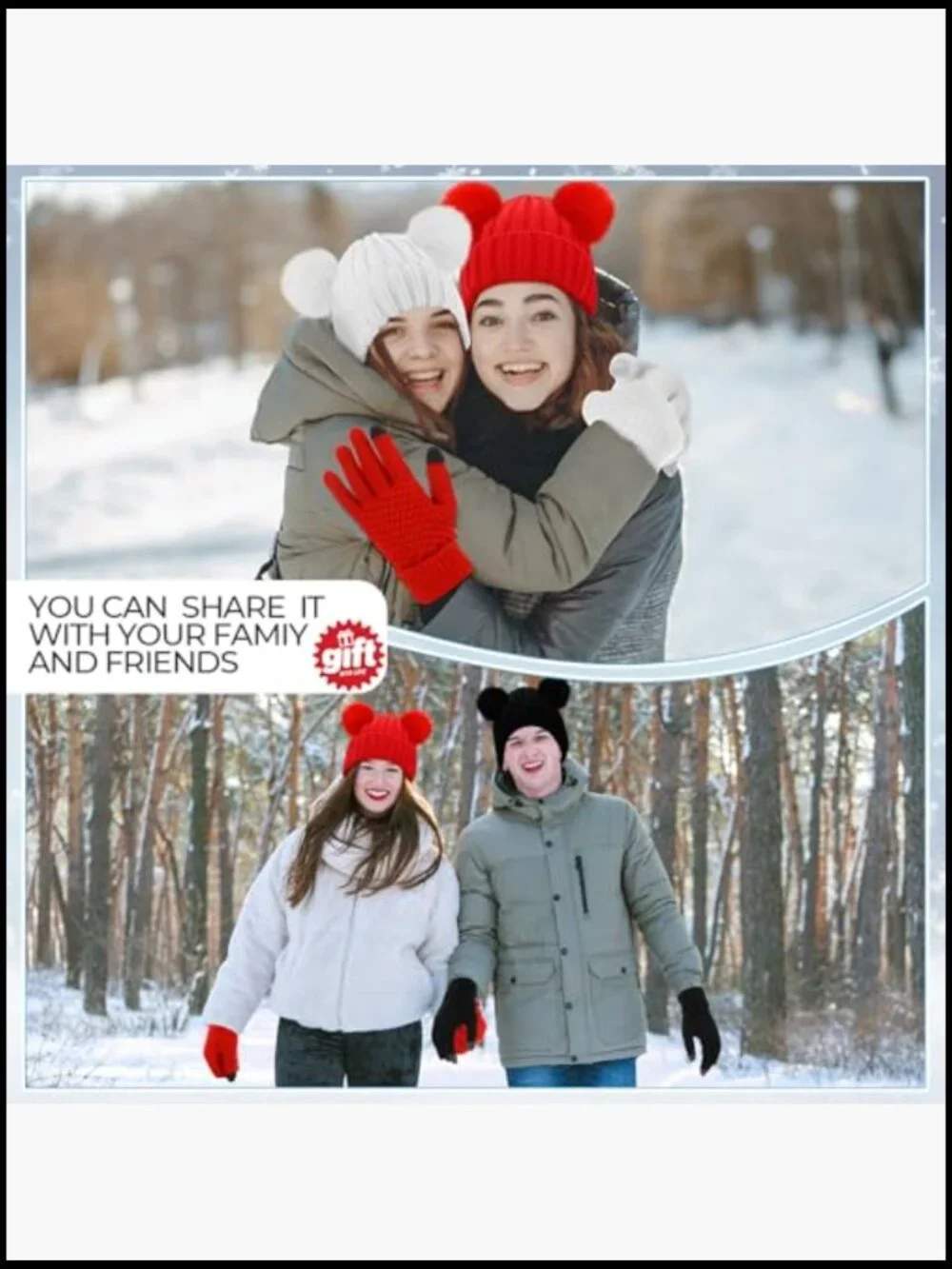 3 Pairs Touchscreen Gloves with Satin Lined Beanies Hat Set Winter Warm